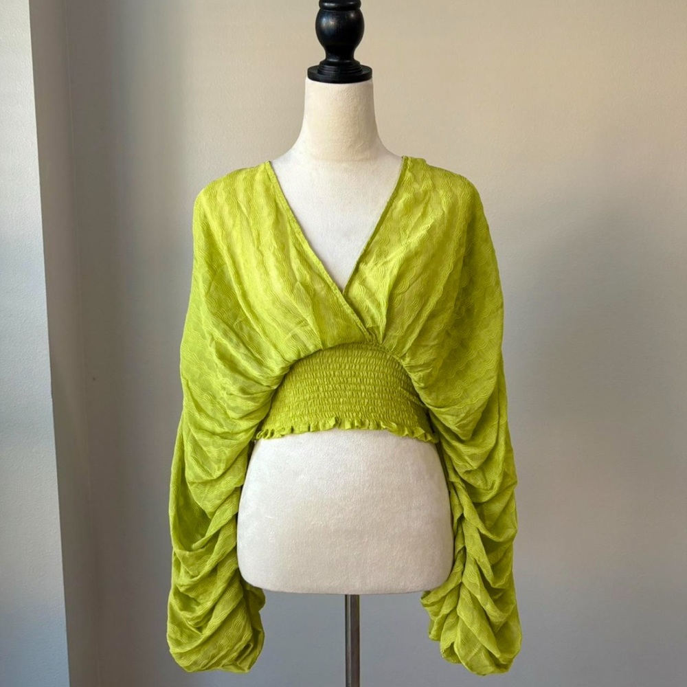 AKIRA Lime Ruched Wrap Top – Dramatic Statement Blouse (Size L)